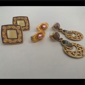 Set of three gold designer vintage earrings